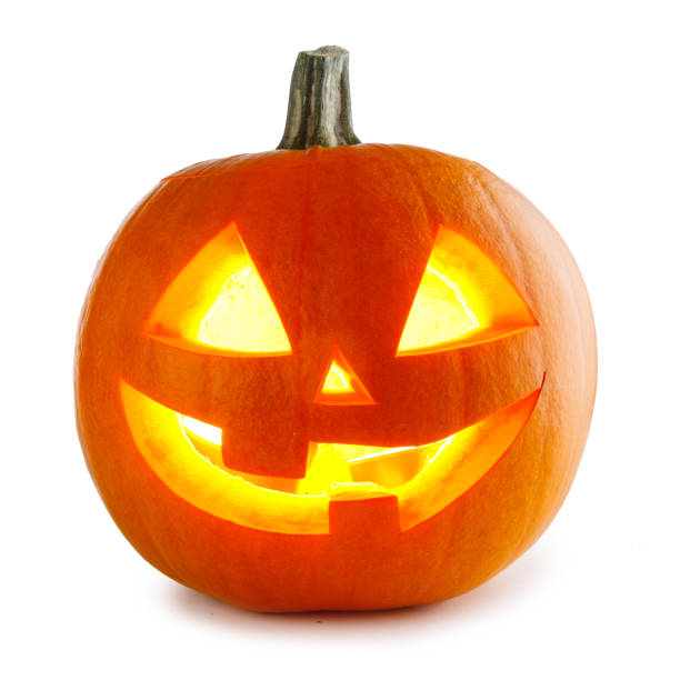 Jack O Lantern halloween pumpkin Funny Jack O Lantern halloween pumpkin with candle light inside isolated on white background halloween pumpkin decorations stock pictures, royalty-free photos & images