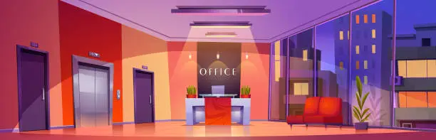 Vector illustration of Company office interior with furniture at night