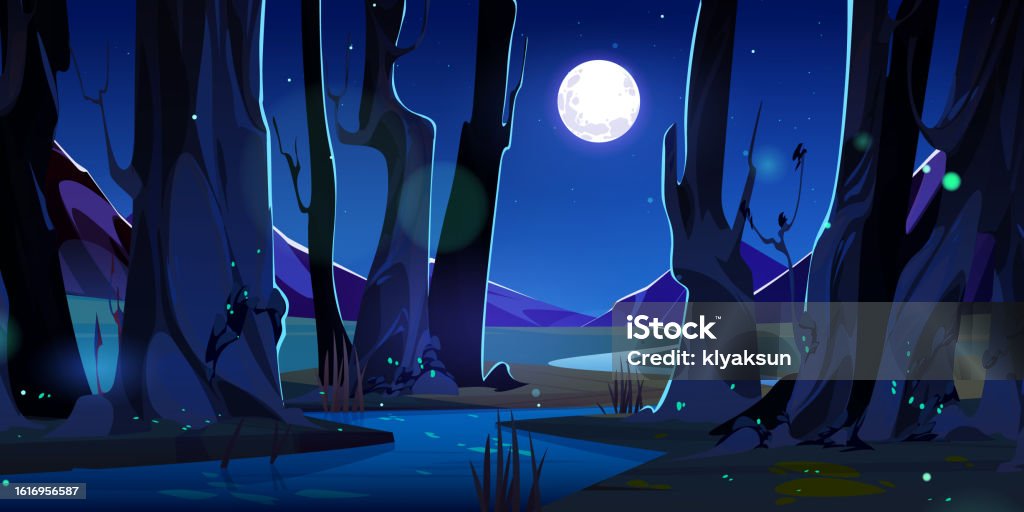 Animated Night Rivers River In Night Magic Forest And Mountain Nature Stock Illustration ...