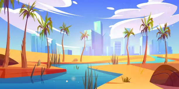 Vector illustration of Sky desert landscape with river in city valley