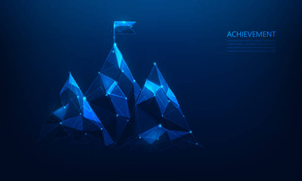 istock mountain mission goal and flag low poly wireframe on blue background. business strategy to success climbing route. vector illustration fantastic technology design. 1616960323