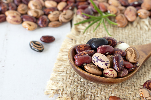 Variety of dry speckled kidney beans with red, black, white color in wooden spoon on white table with various legumes in the background