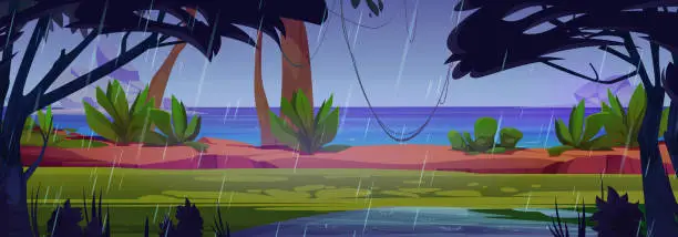 Vector illustration of Tropical coastline with exotic trees, rainy day