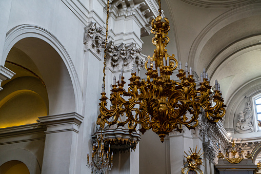 Close up view of the chandelier inside the Roman Catholic Church of the Visitants in Warsaw, Poland