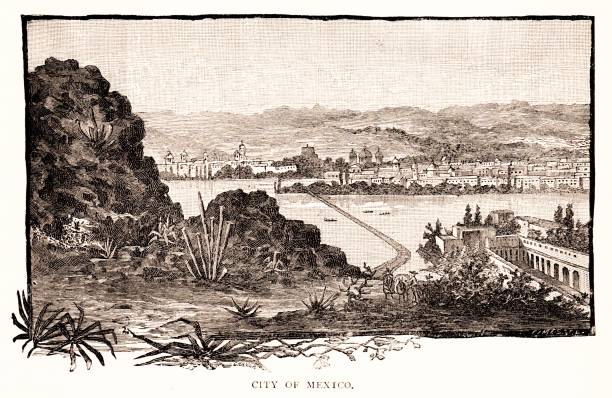 Mexico City, the capital of Mexico. Sepia-toned illustration published 1890.  Original edition is from my own archives. Copyright has expired and is in Public Domain.