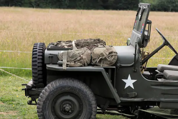 1940s model US Willys Jeep, as used extensively in World War 2 by the allied forces and post war by people everywhere.