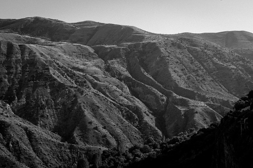 A black and white image of a mountainous landscape featuring snow-capped peaks and lush vegetation
