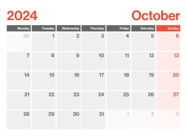 Vector illustration of October 2024 - Calendar Planner. Minimalism Style Landscape Horizontal Calendar for 2024 year. Vector Template. The Week Starts on Monday