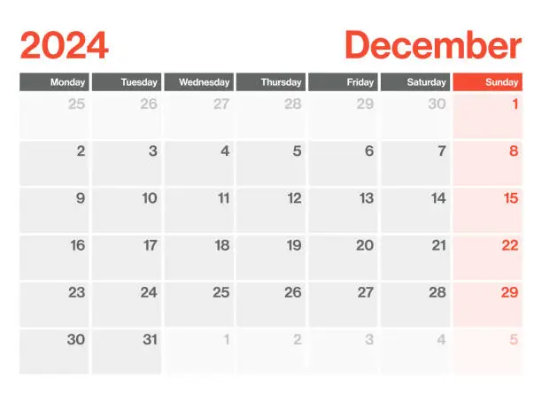 Vector illustration of December 2024 - Calendar Planner. Minimalism Style Landscape Horizontal Calendar for 2024 year. Vector Template. The Week Starts on Monday