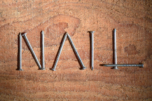 Metal nails on wood background. Text on a plank.