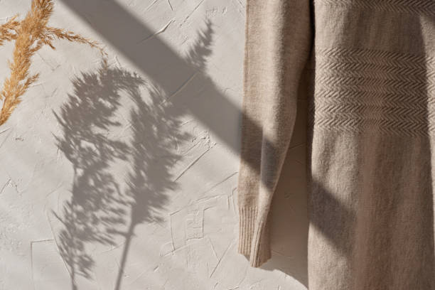 istock Light brown, neutral beige wool sweater hanging on white empty wall background with lifestyle floral sunlight shadow. Aesthetic minimalist sustainable woman fashion clothes concept. 1617058549