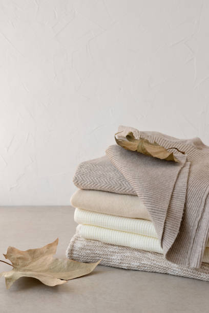 istock Early autumn fashion clothes concept. Minimalist neutral beige knitted sweaters stack, fall leaves, wardrobe for september. Empty white wall background, copy space 1617059066