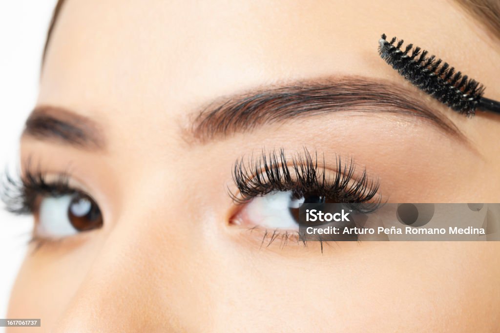 Young woman looking at the camera in the last step of brushing her eyebrow Eyelash Stock Photo