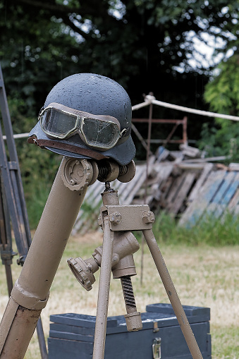 German Stahlhelm, goggles and mortar, ww2 era —- Second World War, Home Front, Home Guard and other 1940s paraphernalia all on display at Ashby Parva Vintage Revival - Ashby Parva, Leicestershire, 17th June 2023