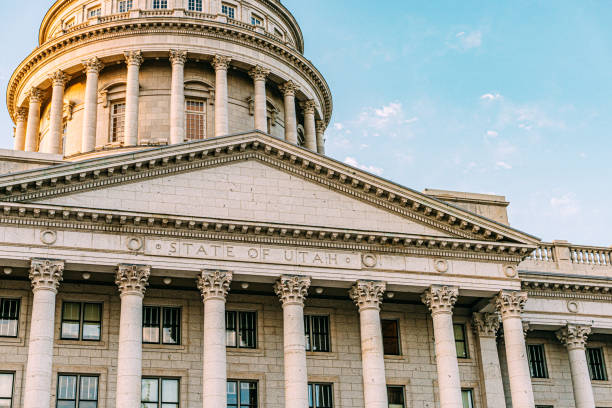 close-up telephoto view of the utah state capitol in salt lake city, ut - washington dc monument sky cloudscape imagens e fotografias de stock