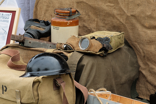 British ‘Brodie’ helmet and gas mask. —- Second World War, Home Front, Home Guard and other 1940s paraphernalia all on display at Ashby Parva Vintage Revival - Ashby Parva, Leicestershire, 17th June 2023
