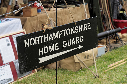 Northamptonshire Home Guard sign at a 1940s reenactment event in Ashby Parva, Leicestershire, June 17 2023