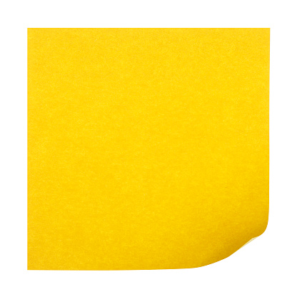 Yellow sheets of note papers with curled corner isolated on white background, clipping path