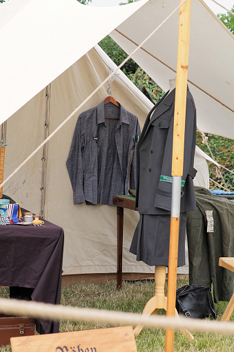 German ww2 reenactment camp . —- Second World War, Home Front, Home Guard and other 1940s paraphernalia all on display at Ashby Parva Vintage Revival - Ashby Parva, Leicestershire, 17th June 2023