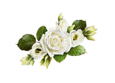 Bouquet of white roses and eustoma flowers isolated on white. Top view.