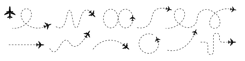 Airplane path. Flight path vector. Flight route.