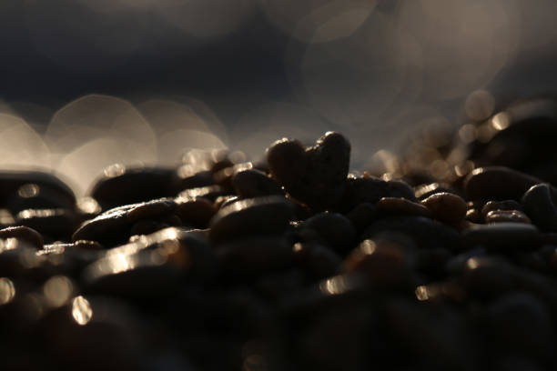 Beach Pebble Sunset Background Heart  Abstract Rock Stone Sea Sunrise Refraction Reflection Light Bokeh Lens Flare Dark Shade Texture Night Summer Autumn Tropical Climate Pattern Underexposed Macro Photography for presentation, flyer, card, poster, brochure, banner