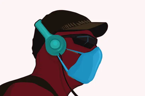 Vector illustration of Man relaxing with music during pandemic