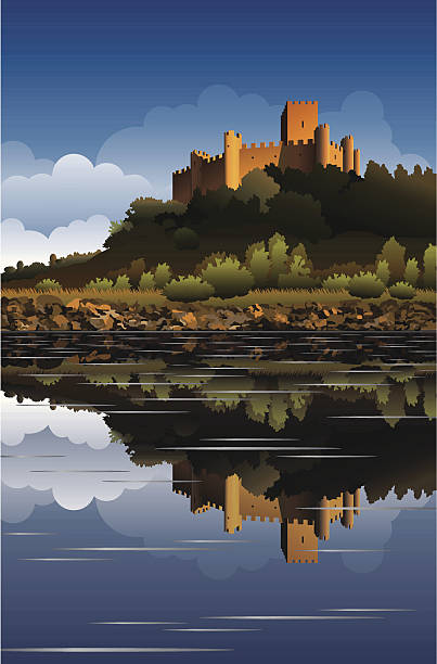 ilustraciones, imágenes clip art, dibujos animados e iconos de stock de castillo de almourol en portugal - templarios
