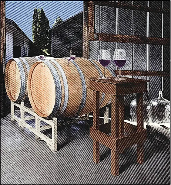 Vector illustration of Winery, Barrels and Wine Glasses