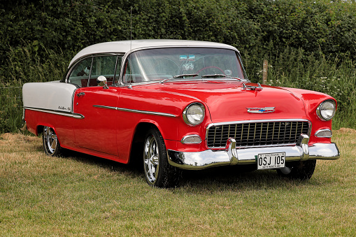 Gorgeous red Chevrolet bel air in excellent condition. 

A display of classic cars, bikes and agricultural equipment on show at Ashby Parva Vintage Revival, 17th June 2023