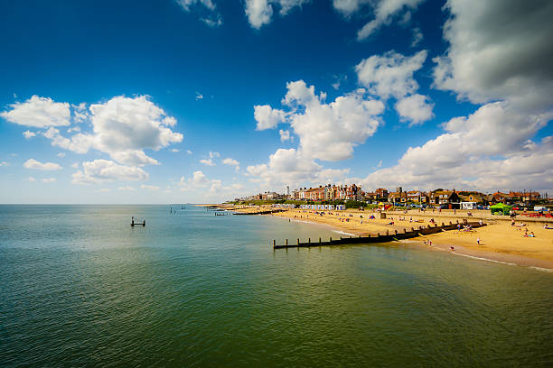View of beach from Pier at Southwold in Suffolk stock photo