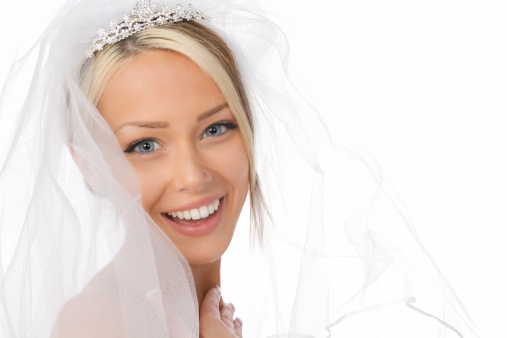 close up of beautiful smiling bride, isolated on white background