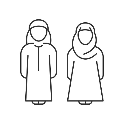 Arab man and woman line icon. Saudi Arabia couple in traditional dress. Muslim people avatar, islam husband and wife. Outline illustration, editable stroke. Vector on white background. Isolated