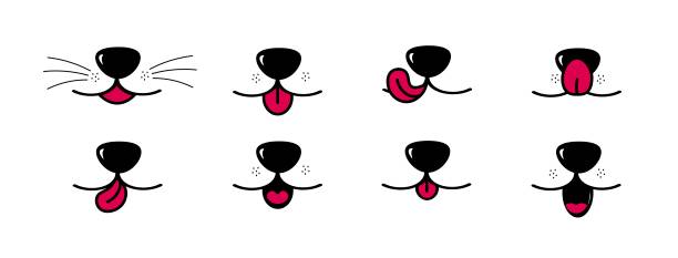 Open mouth and tongue icons. Muzzle of a dog or cat with a nose and whiskers. Open mouth and tongue icons. Muzzle of a dog or cat with a nose and whiskers. Cute face of animal or pet.Vector illustration in cartoon style. cat muzzle meowing cartoon stock illustrations