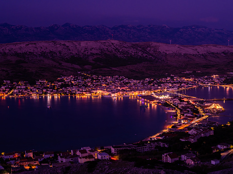 Beautiful night panorama over the city of Pag in Croatia