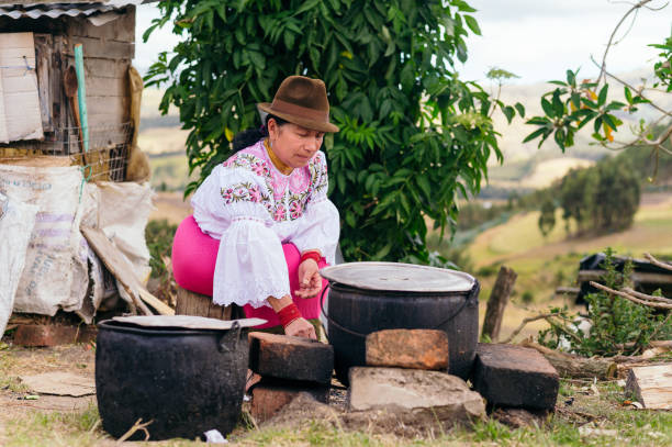 indigene frau kocht auf den feldern - ecuadorian culture stock-fotos und bilder