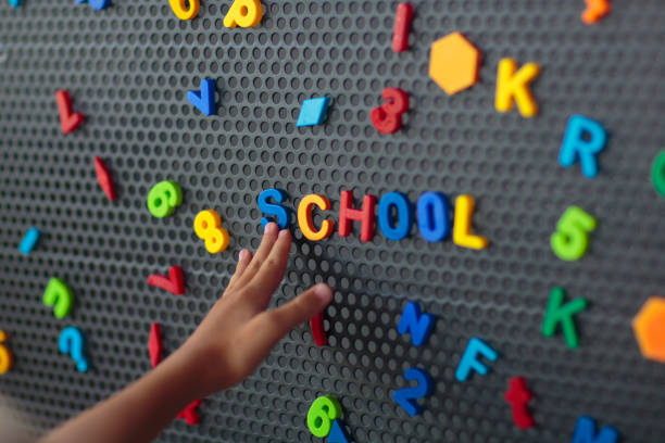 Numbers written in multicolored on a board  Decimal system  Equals and plus signs