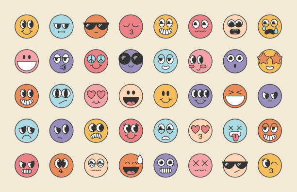 Retro emoji labels set. Retro emoji labels set. Sticker pack in trendy psychedelic cartoon style. Editable stroke elements.Isolated vector illustration. happy and sad worker stock illustrations