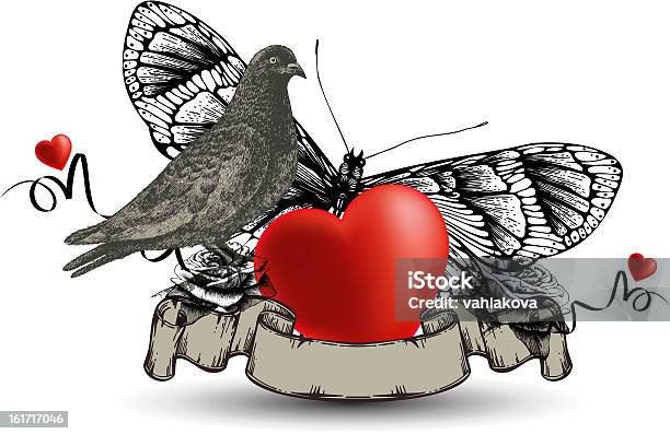 Emblema Com Pássaro Pomba E Borboleta Coração Rosas Ilustração Vetorial - Arte vetorial de stock e mais imagens de Borboleta