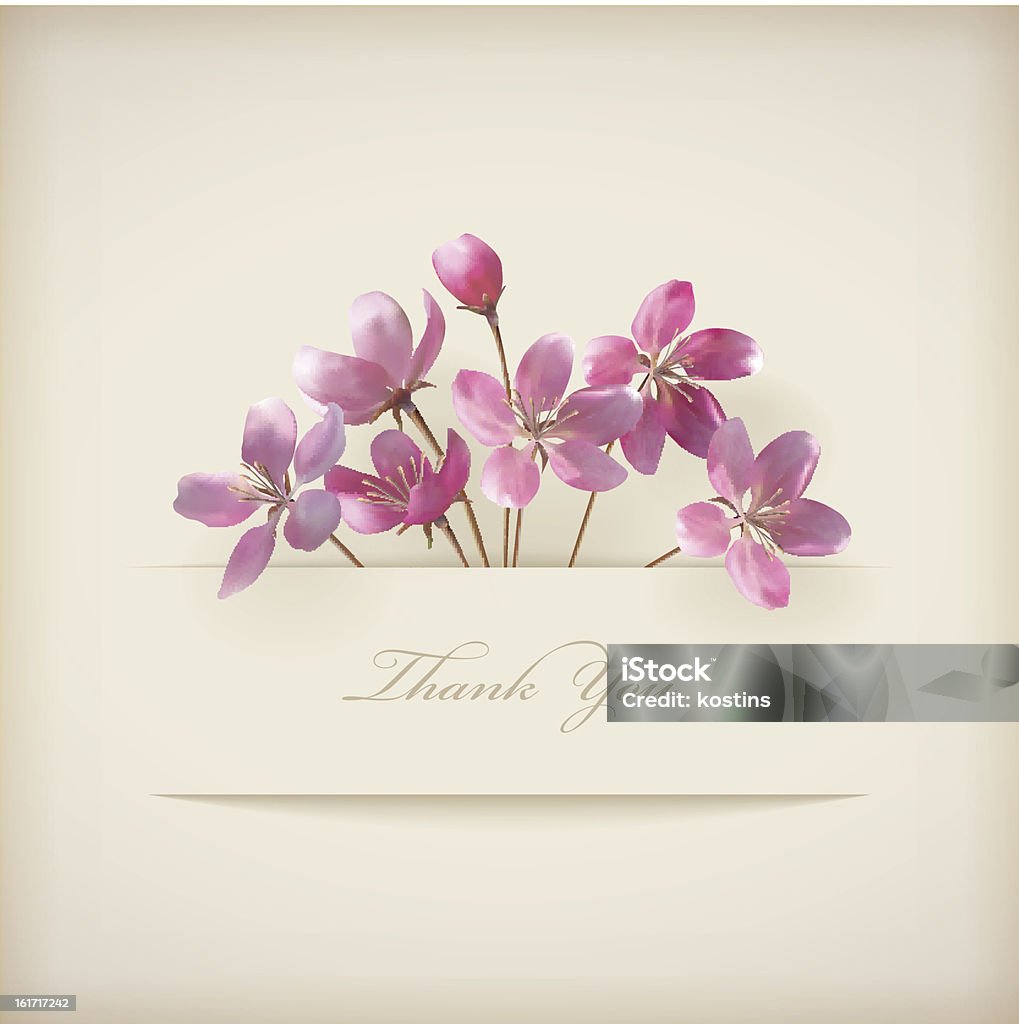 Floral spring vector 'thank you' pink flowers card Floral 'Thank you' card with beautiful realistic spring pink flowers (cherry blossoms) and banner with drop shadows on a beige elegant background in modern style. Perfect for wedding, greeting or invitation design.      Thank You - Phrase stock vector