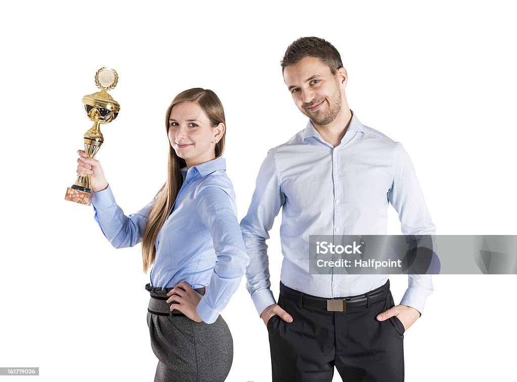 Successful business colleagues Successful business man and woman are celebrating on isolated white background Success Stock Photo