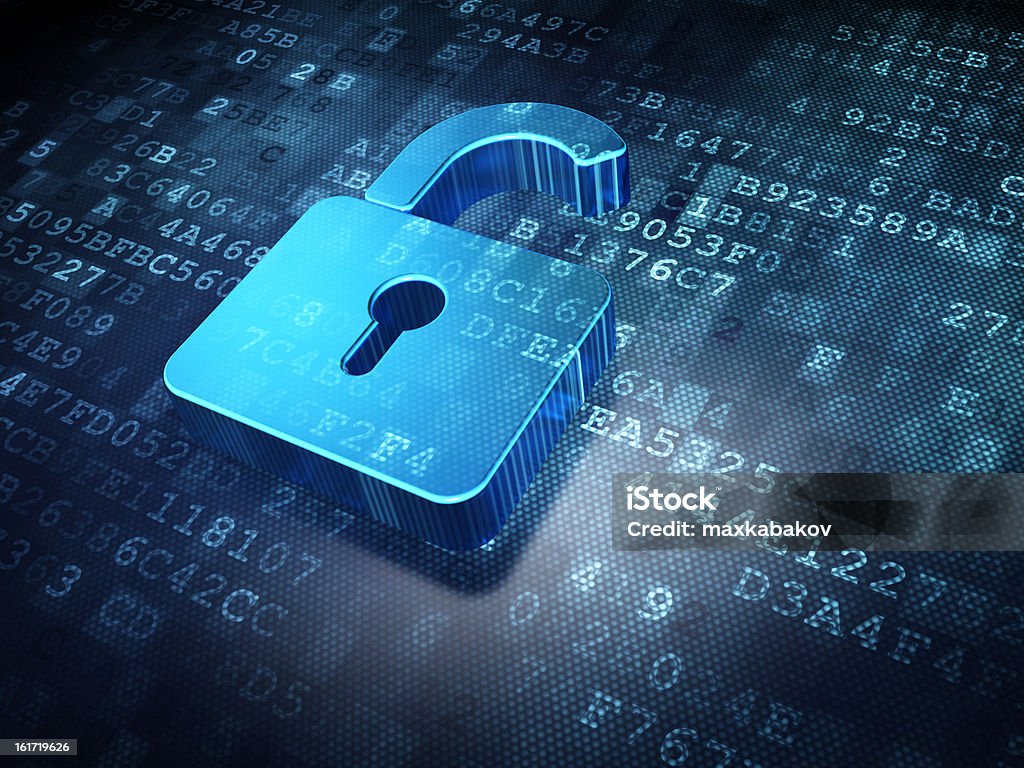 Opened padlock logo on alphanumeric background Security concept: blue opened padlock on digital background, 3d render Data Stock Photo