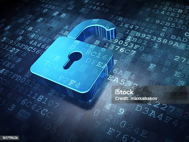 Opened Padlock Logo On Alphanumeric Background Stock Photo - Download Image Now - Data, Unlocking, Care