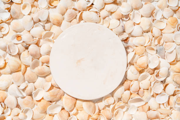 istock Summer cosmetics product presentation scene made with big circle podium on seashells background. 1617199237