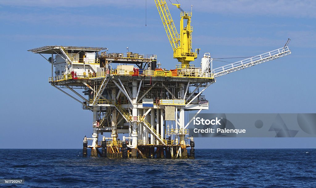 Pacific Ocean offshore oil rig drilling platform, California Pacific Ocean offshore oil rig drilling platform, California, USA Blue Stock Photo