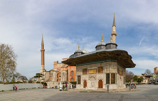Istanbul, Turkey - April 15, 2023: A picture of the Hagia Sophia and the Fountain Sultan Ahmed III.