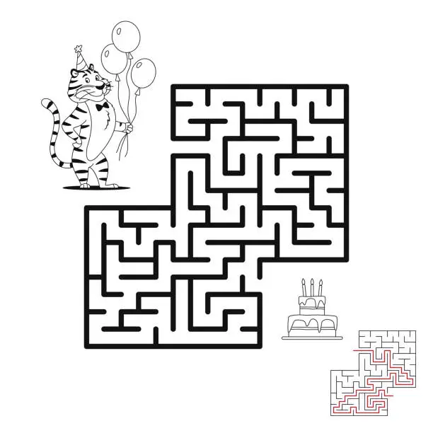 Vector illustration of Maze game for kids with solution. Let's help tiger to find way to his Birthday cake. Animal character puzzle learning coloring book page design. Labyrinth black and white outline vector illustration.