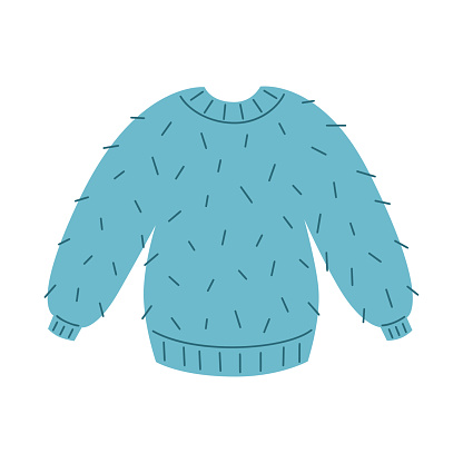Knitted warm sweater. Fluffy blue wool jumper. Autumn or winter clothes theme. Vector illustrations on white background.