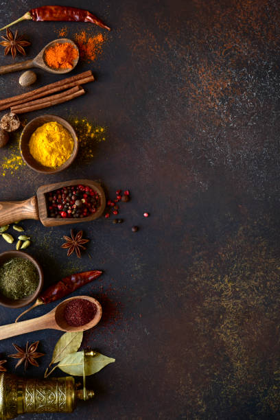 Assortment of natural organic spices . Top view with copy space.