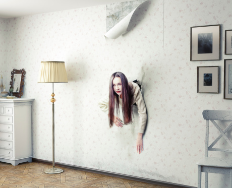 woman climbs through the wall into the room (photo and cg elemrnts compilation)